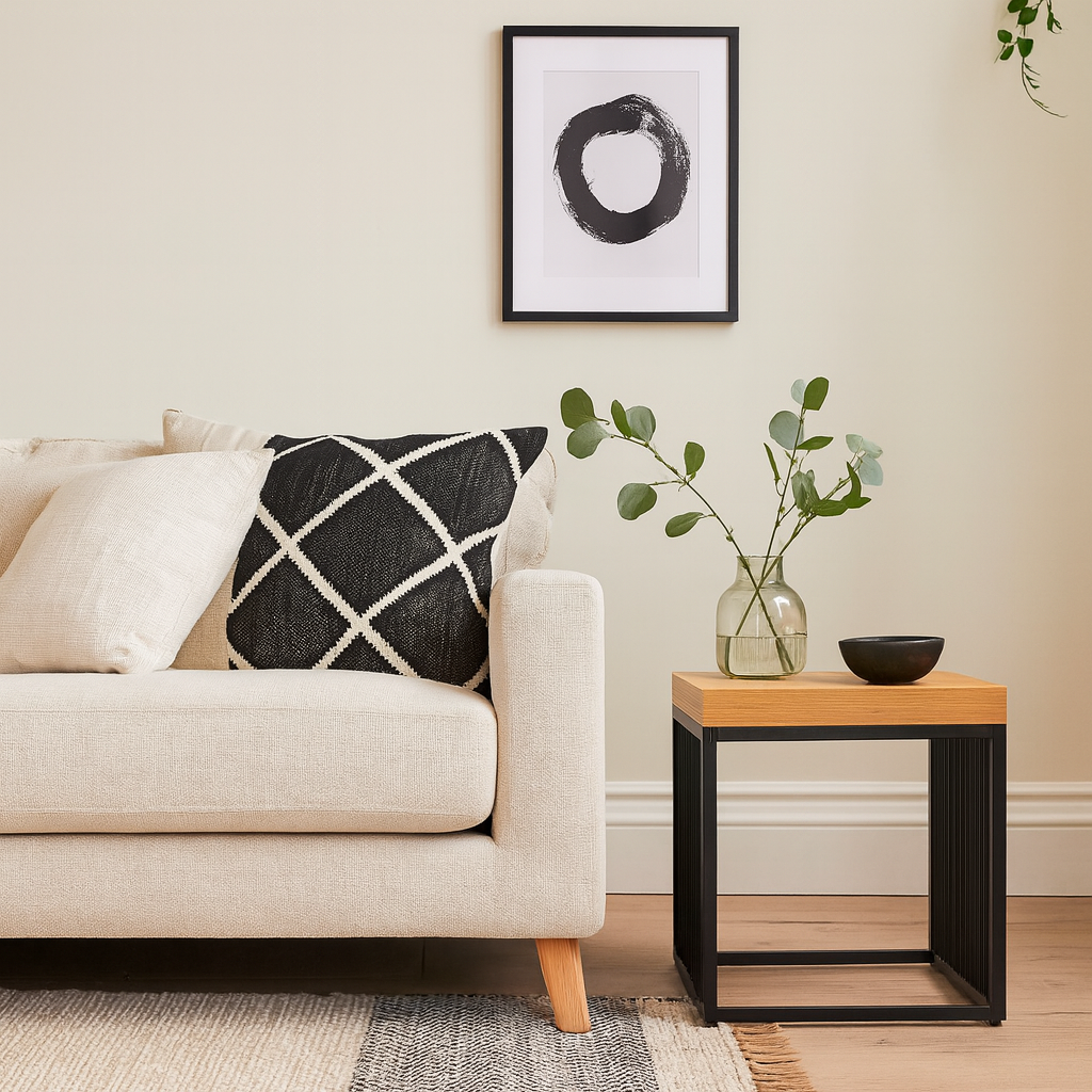 Porto Modern Organic Metal Side Table with Wild Oak Wood Effect Top