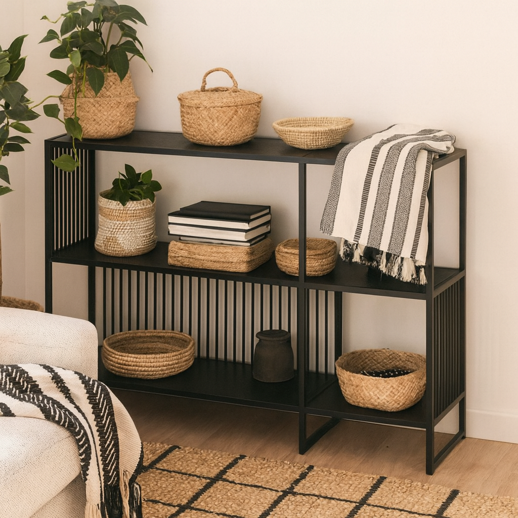 Porto Modern Black Metal Shelving Unit Stone Effect