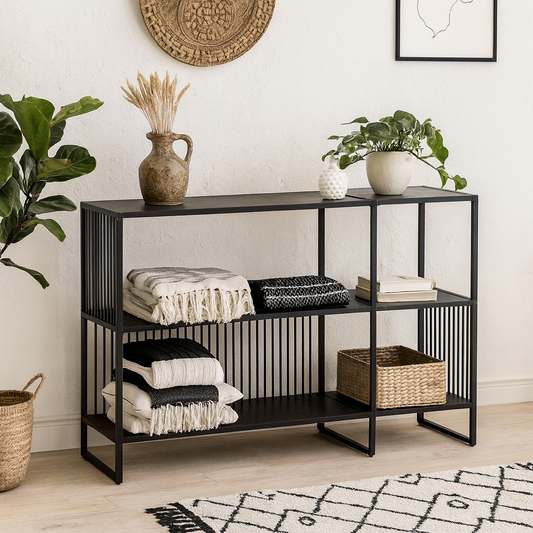 Porto Modern Black Metal Shelving Unit Stone Effect