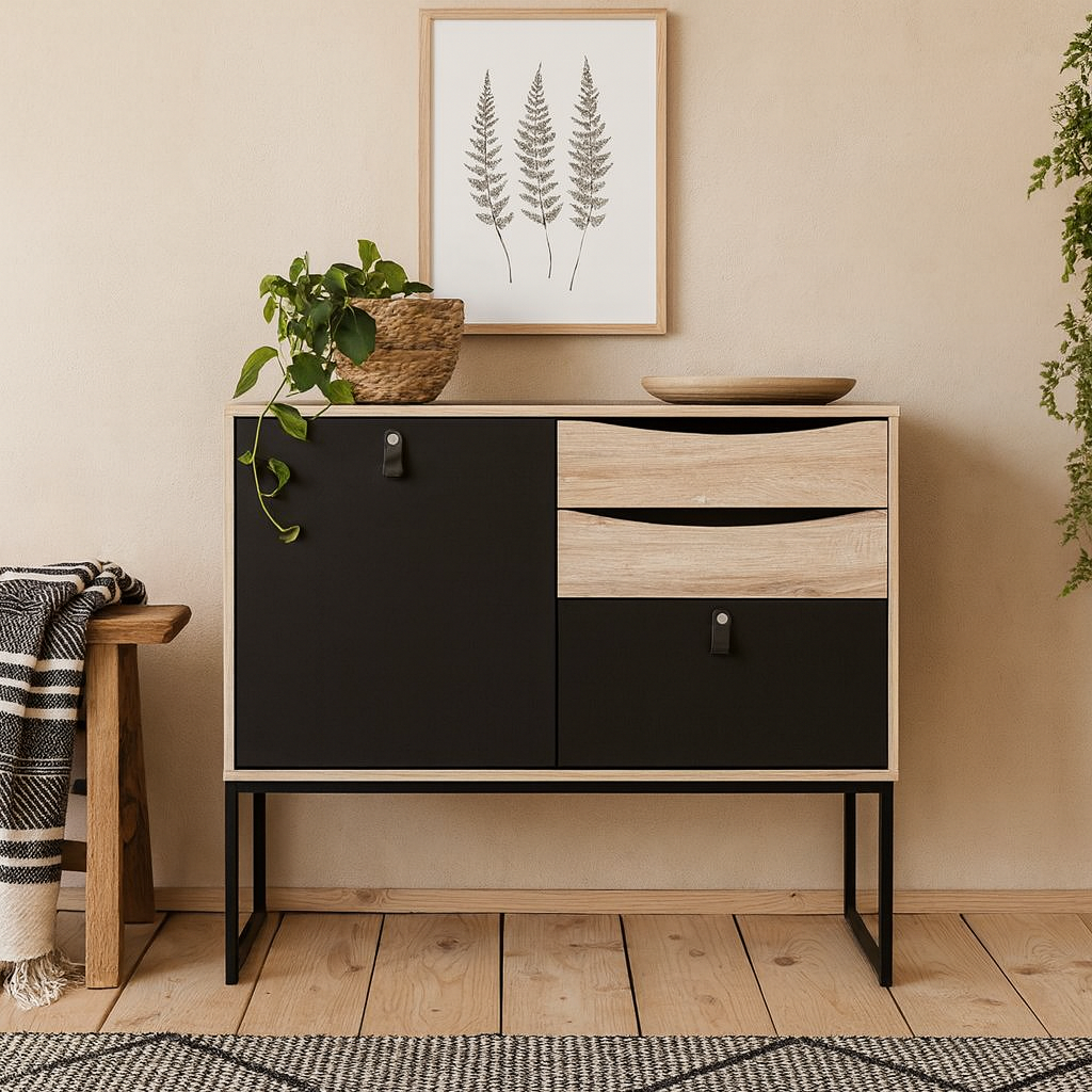 Seville Black Oak Sideboard 1 Door 3 Drawers Metal Legs