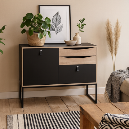 Seville Black Oak Sideboard 1 Door 3 Drawers Metal Legs