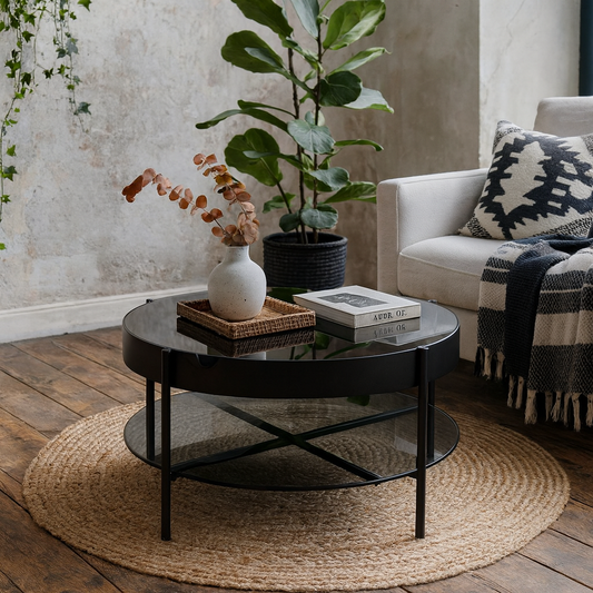 Tampere Round Black Coffee Table with Grey Glass Lift Top