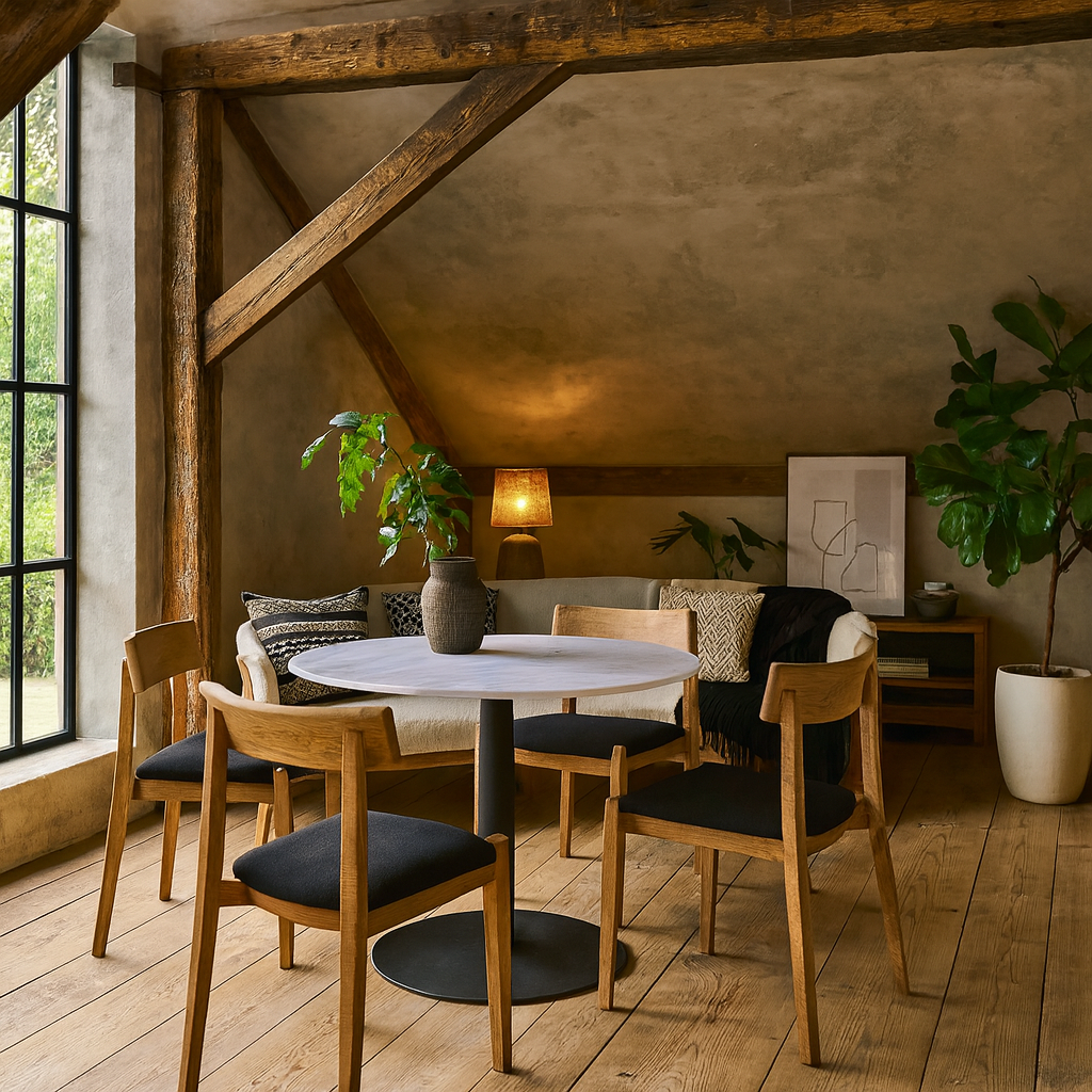 Stavanger Round White Marble Dining Table with Black Trumpet Base