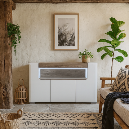 Porto Gloss White Sideboard with Oak Detail 3 Doors 2 Shelves