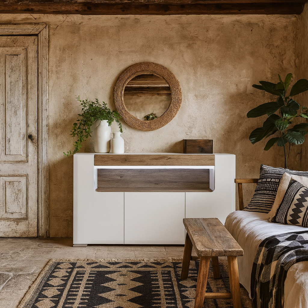 Porto Gloss White Sideboard with Oak Detail 3 Doors 2 Shelves