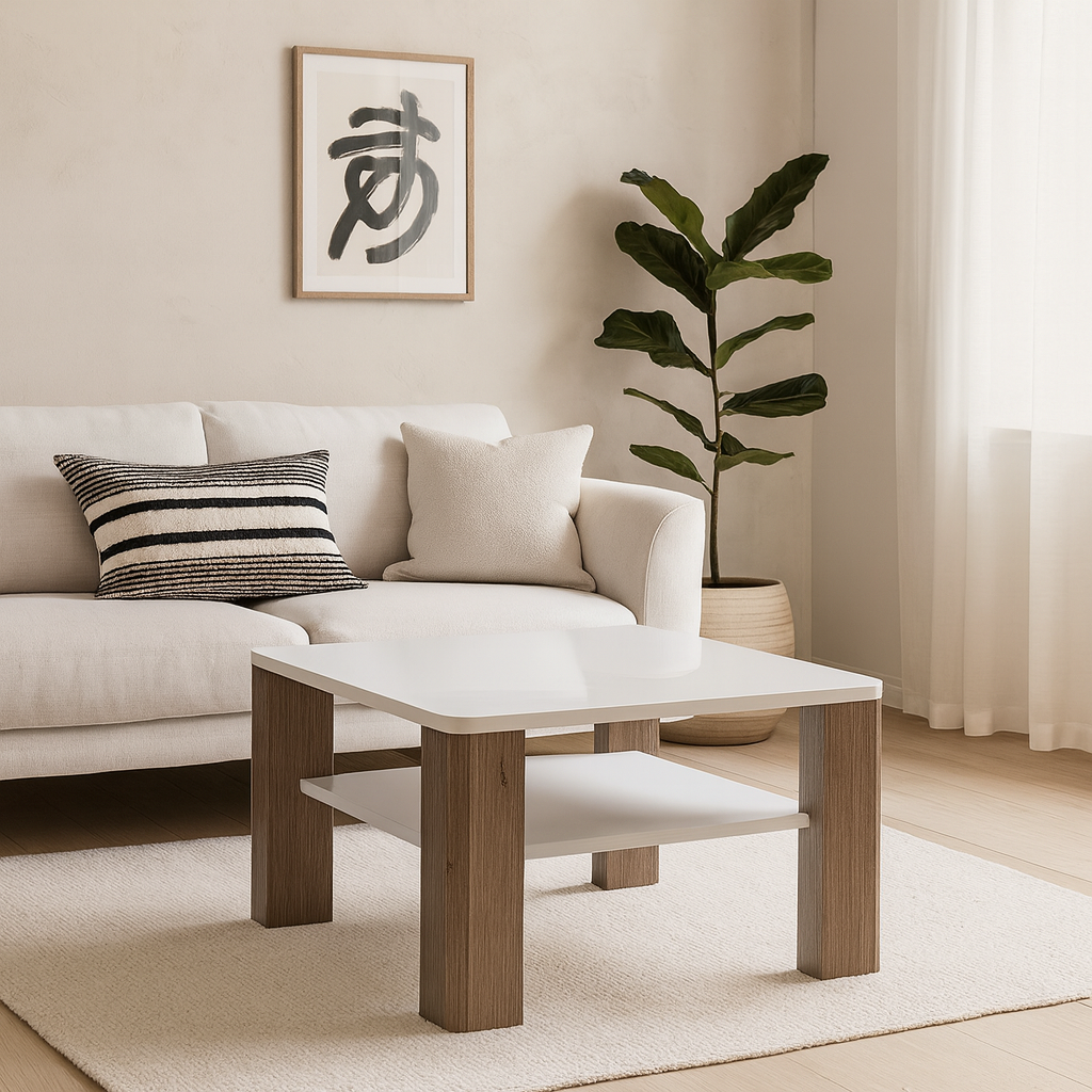 Porto Square Gloss White Coffee Table with Oak Detail 1 Shelf