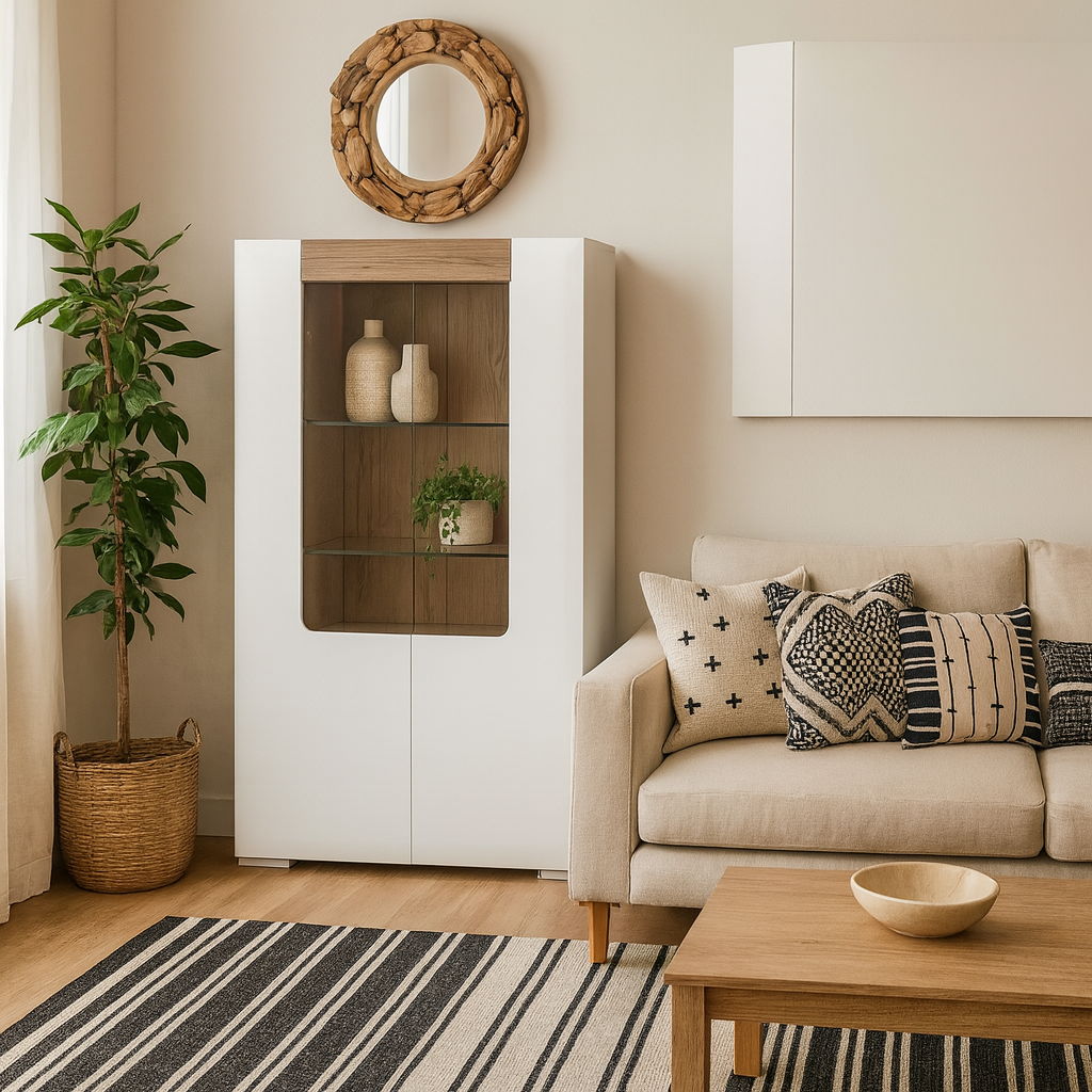 Porto Low Gloss White Glazed Display Cabinet Oak Detail 2 Doors 3 Shelves