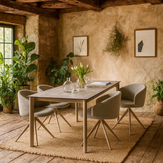 Cardiff Grey Ceramic Dining Table 160cm with 4 Beige Boucle Swivel Chairs
