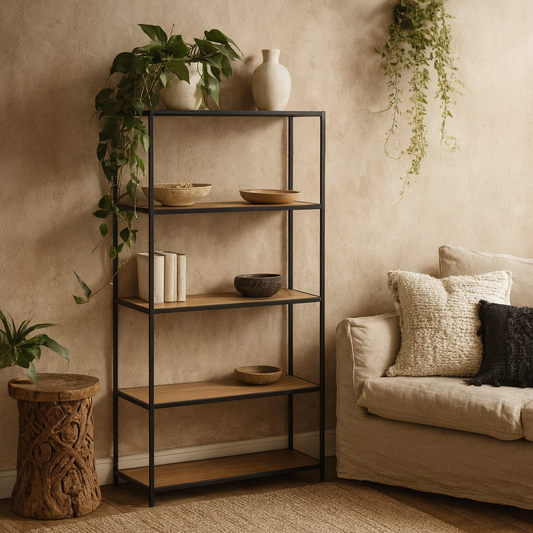 El Paso Tall Black Metal and Wild Oak Veneer Bookcase 4 Shelves