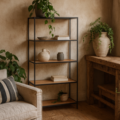 El Paso Tall Black Metal and Wild Oak Veneer Bookcase 4 Shelves