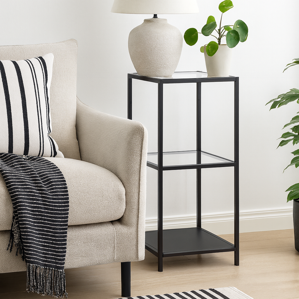 El Paso Narrow Black Metal and Glass Bookcase 2 Shelves