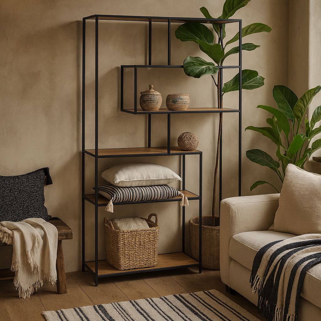 El Paso Black Metal and Wild Oak Veneer Large Asymmetrical Bookcase 5 Shelves