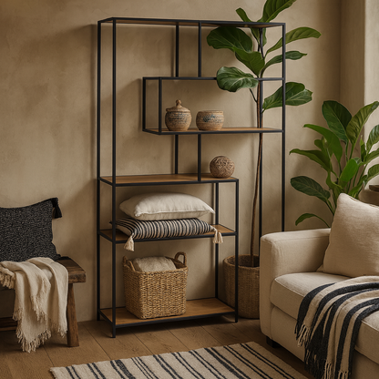 El Paso Black Metal and Wild Oak Veneer Large Asymmetrical Bookcase 5 Shelves