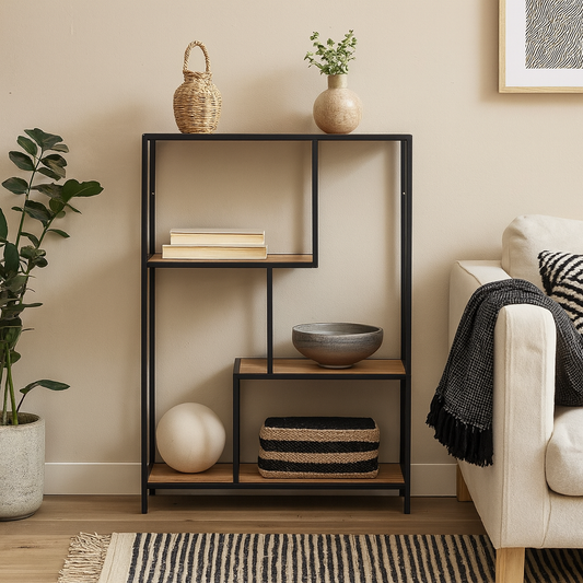 El Paso Black Metal and Wild Oak Veneer Asymmetrical Bookcase 3 Shelves