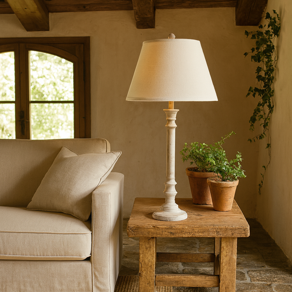 Collonges Slim Pillar Wooden Table Lamp With Cream Linen Shade
