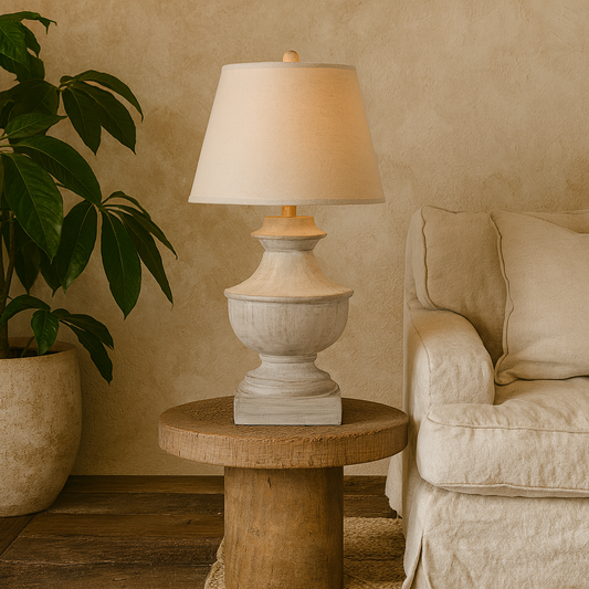 Rochefort Grey Washed  Wide Wooden Table Lamp With Cream Linen Shade