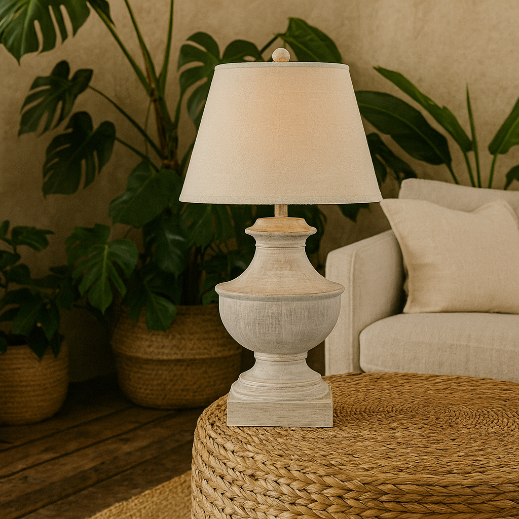 Rochefort Grey Washed  Wide Wooden Table Lamp With Cream Linen Shade