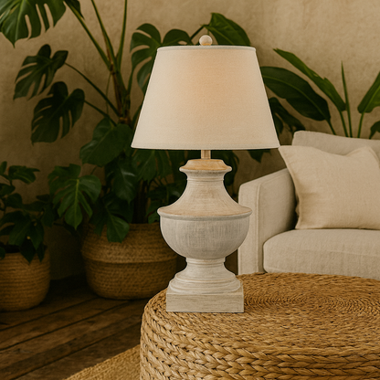 Rochefort Grey Washed  Wide Wooden Table Lamp With Cream Linen Shade