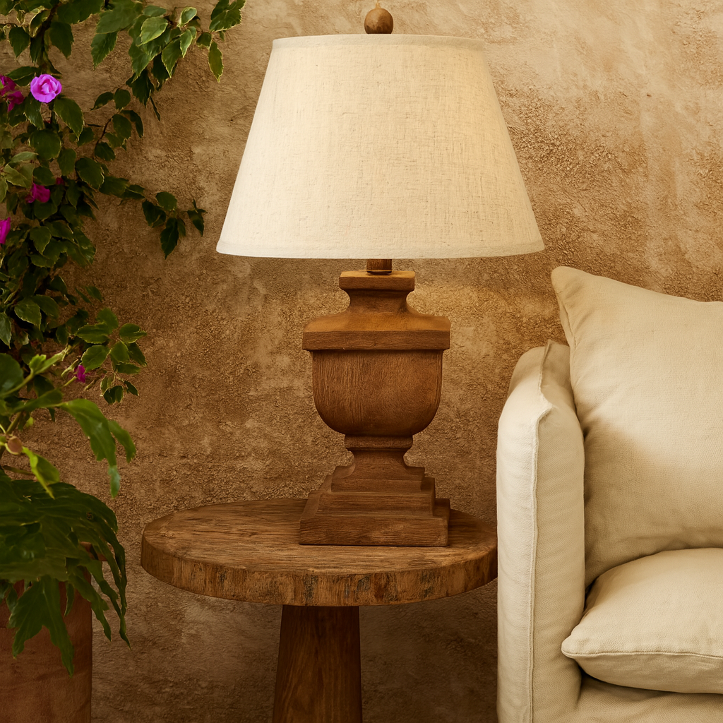 Bormes Wooden Pedestal Table Lamp With Cream Linen Shade