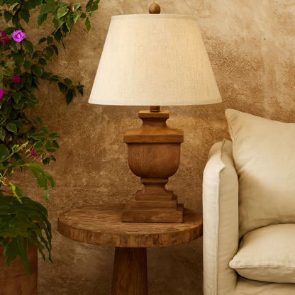 Bormes Wooden Pedestal Table Lamp With Cream Linen Shade