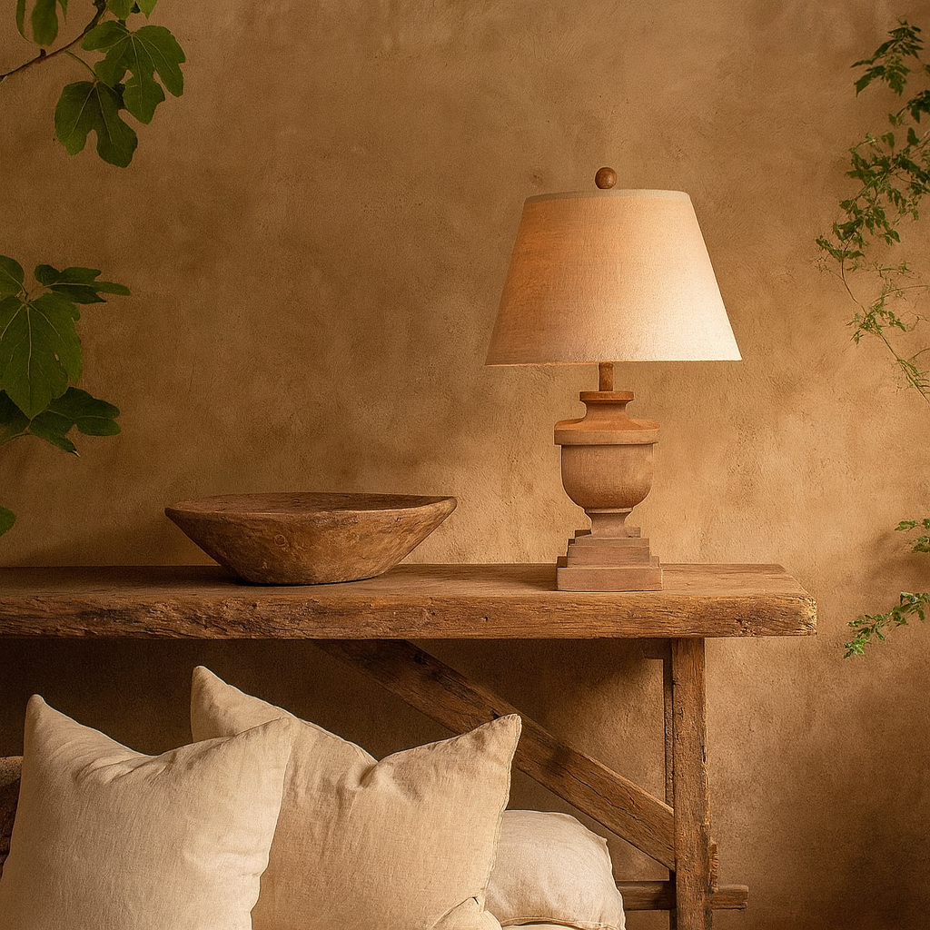 Bormes Wooden Pedestal Table Lamp With Cream Linen Shade