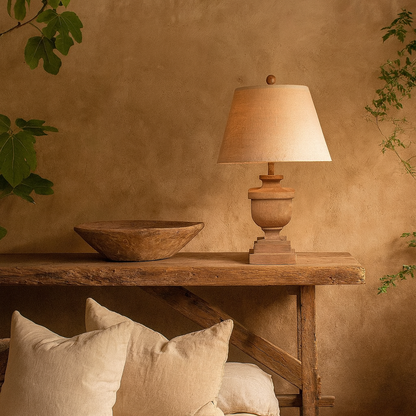 Bormes Wooden Pedestal Table Lamp With Cream Linen Shade