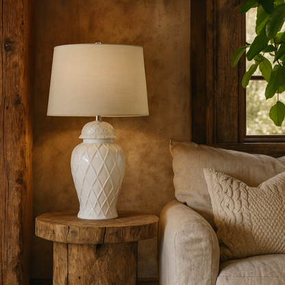 Banneville White Ceramic Lattice Diamond Ginger Jar Lamp With Linen Shade