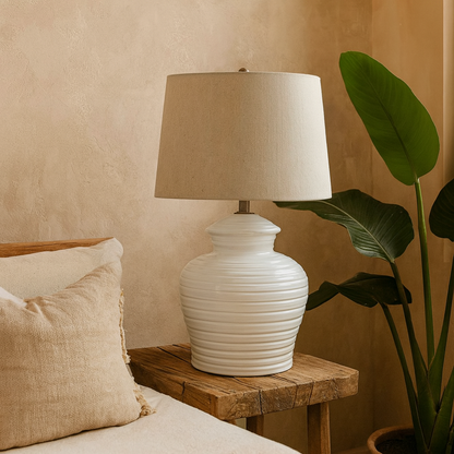 Belcastel White Textured Swirl Ceramic Pot Lamp With Cream Linen Shade