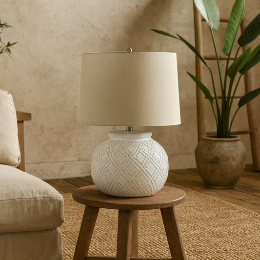 Lautrec Geometric Dot White Ceramic Lamp With Cream Linen Shade