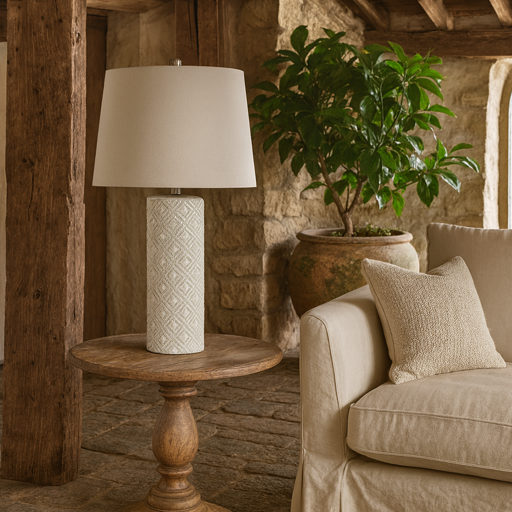 Lautrec White Geometric Dots Ceramic Lamp With Cream Linen Shade