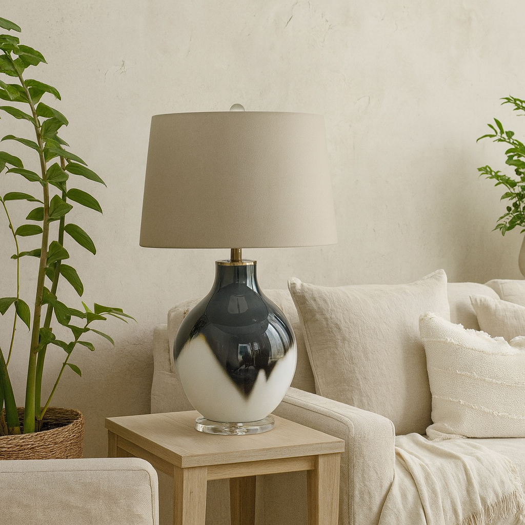 Mist Grey and White Wave Glass Table Lamp With Cream Linen Shade