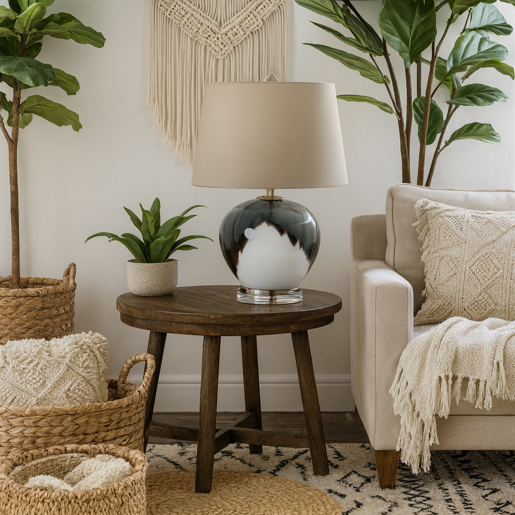 Mist Grey and White Wave Glass Ceramic Table Lamp With Cream Linen Shade