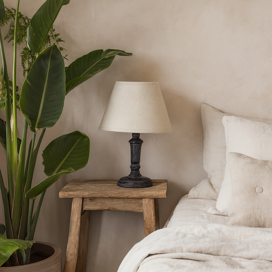 Brantes Distressed Black Table Tamp With Natural Linen Shade