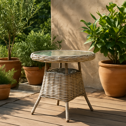Costa Outdoor Wicker Round Bistro Table With Glass Top