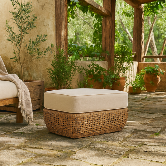 Sardinia Outdoor Natural Wicker Footstool Cream Cushion
