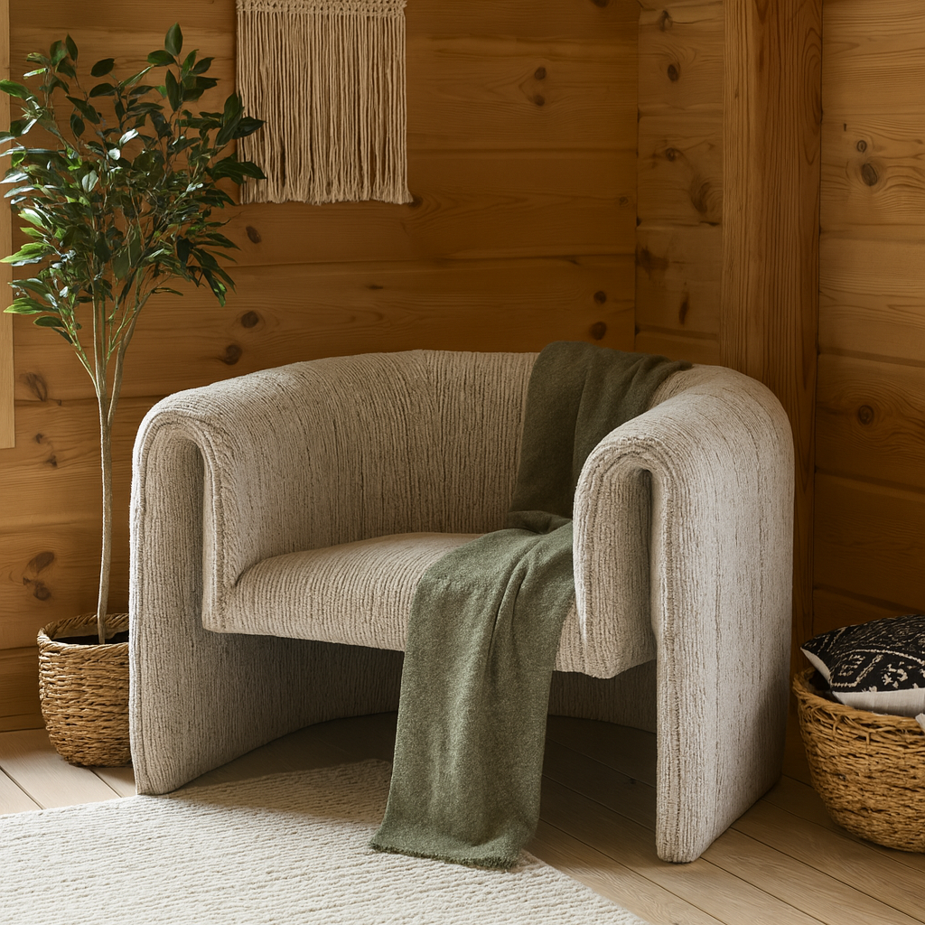 Mirmande Soft Grey Minimalist Curved Accent Armchair