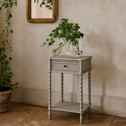 Thuy Grey Wood One Drawer Side Table Bottom Shelf