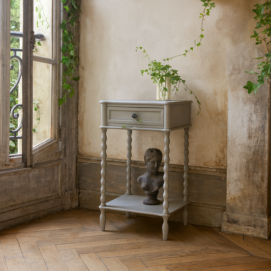 Thuy Grey Wood One Drawer Side Table Bottom Shelf