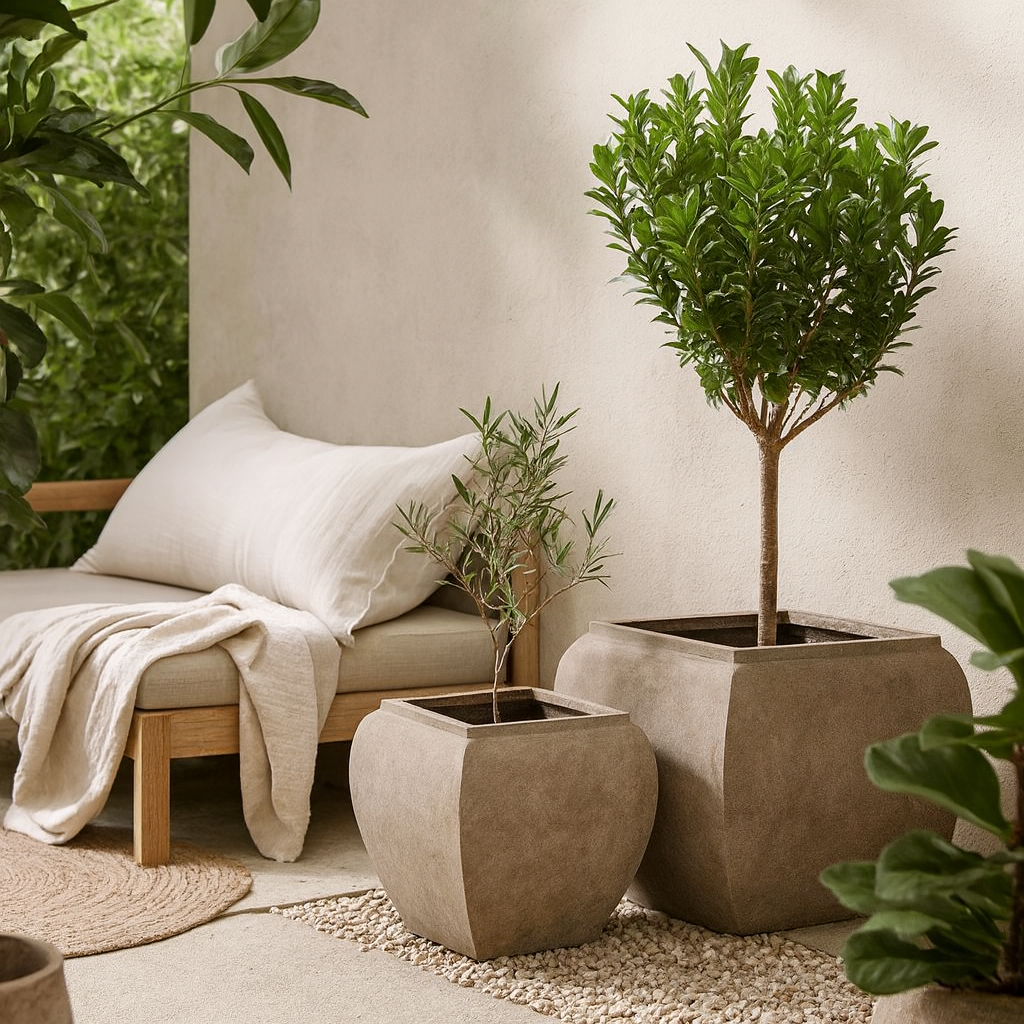 Set Of 2 Brown Concrete Garden Planters