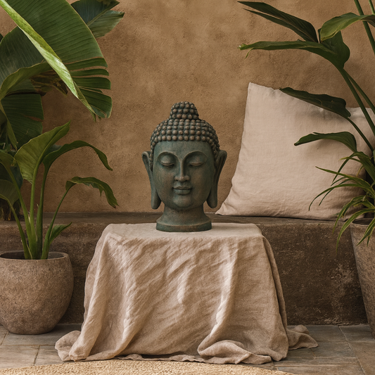Green Concrete Buddha Head Garden Decoration