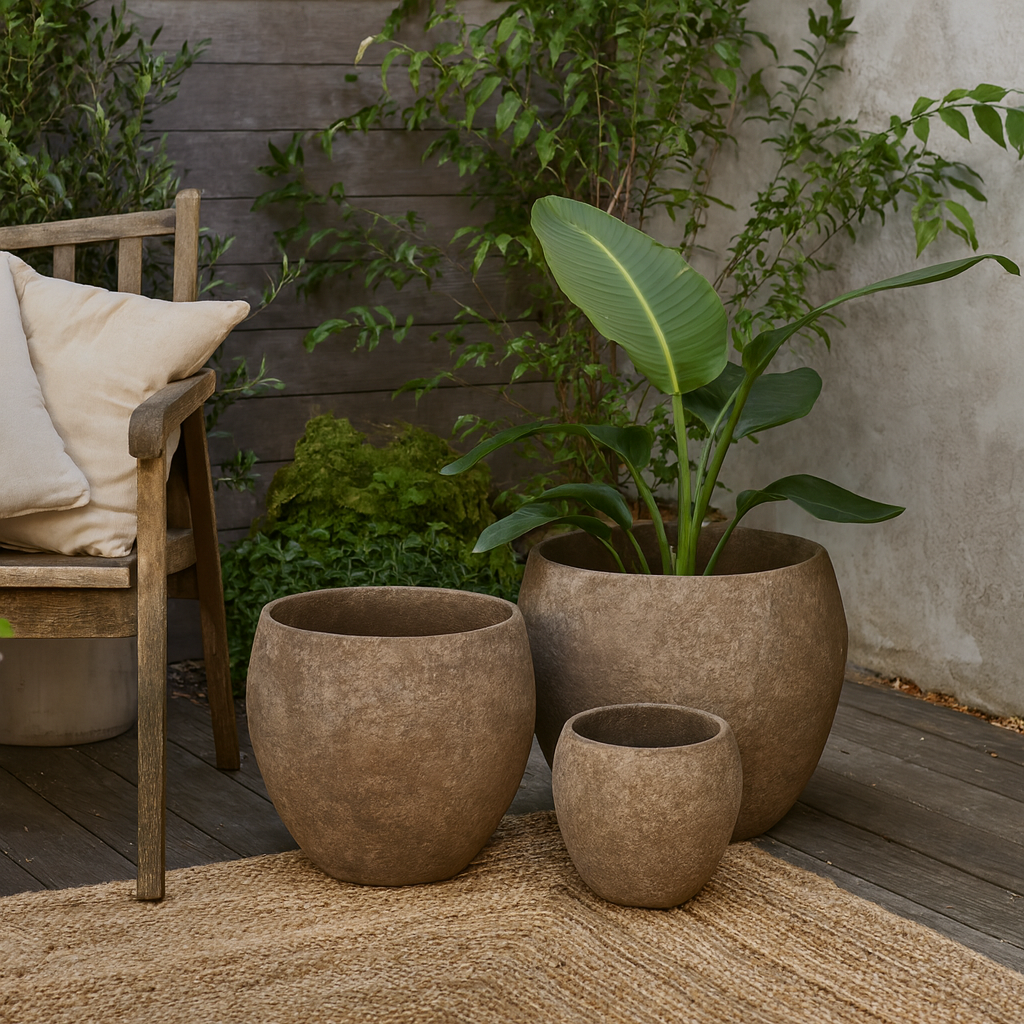 Set Of 3 Brown Concrete Textured Garden Planters