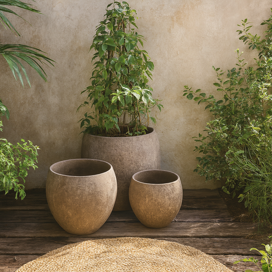 Set Of 3 Brown Concrete Textured Garden Planters