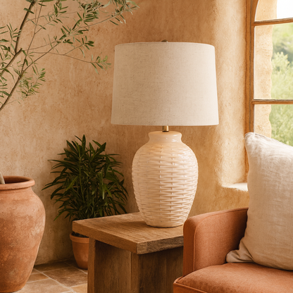 Gordes Basketweave Ceramic Table Lamp With Cream Linen Shade