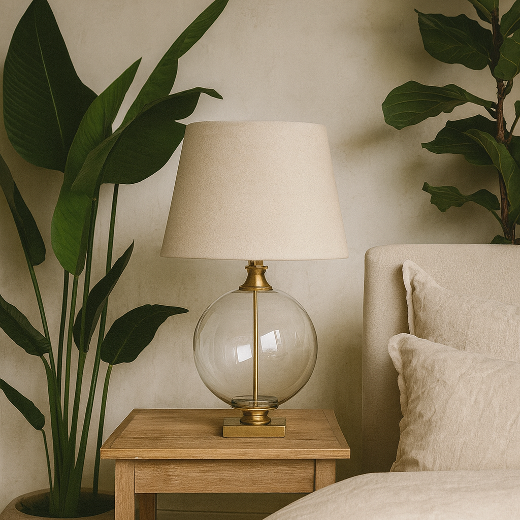 Domme Glass Orb Table Lamp With Cream Linen Tapered Shade