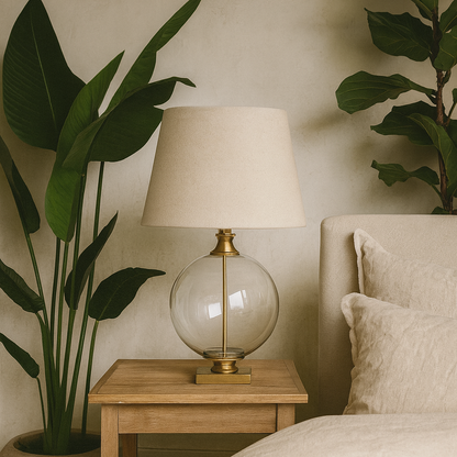 Domme Glass Orb Table Lamp With Cream Linen Tapered Shade