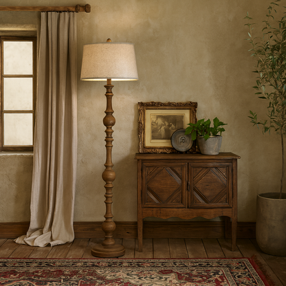 Perouges Slim Wooden Pillar Floor Lamp With Edged Linen Shade