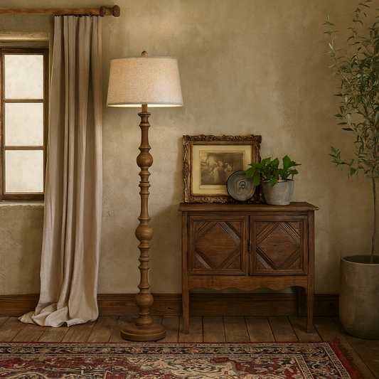 Perouges Slim Wooden Pillar Floor Lamp With Edged Linen Shade