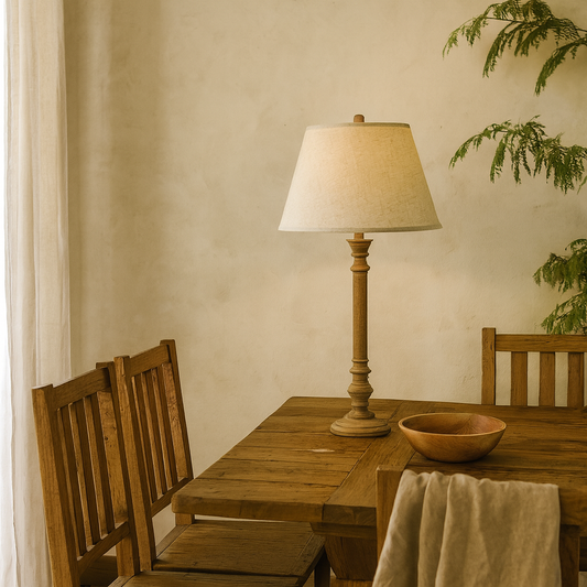 Flavigny Natural Turned Wooden Pillar Table Lamp With Cream Linen Shade