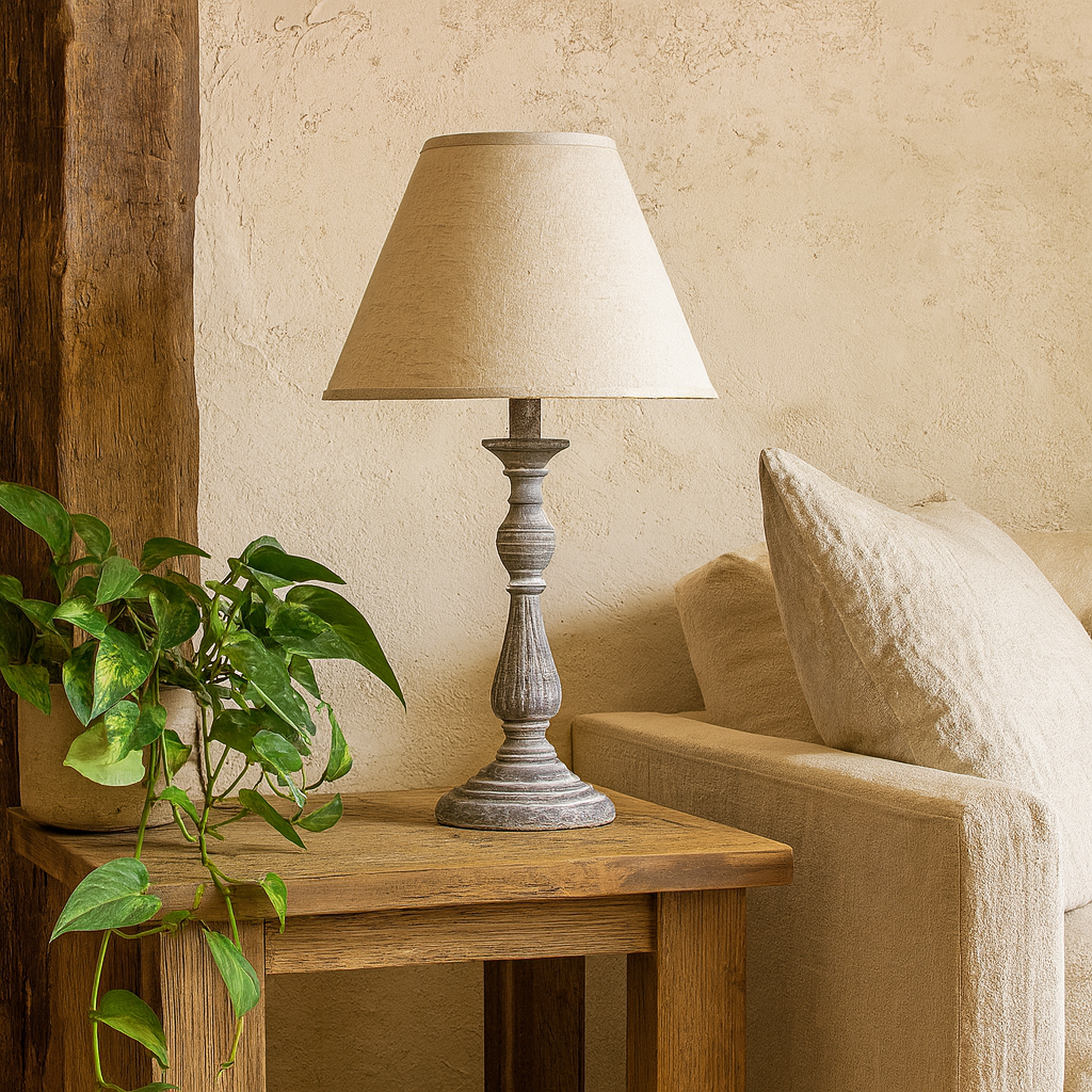 Blesle White Washed Turned Wooden Pedestal Table Lamp With Cream Linen Shade