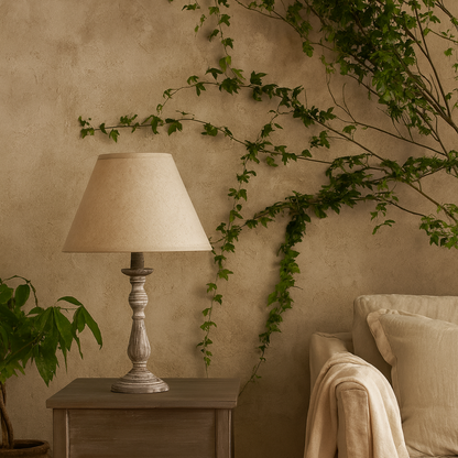 Blesle White Washed Turned Wooden Pedestal Table Lamp With Cream Linen Shade